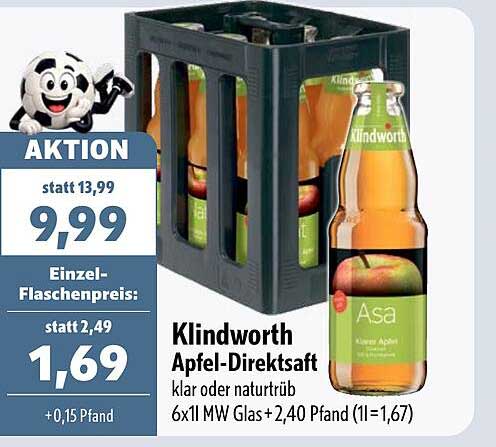 Klindworth Apfel-Direktsaft klar oder naturtrüb 6x1l MW Glas +2,40 Pfand (1l=1,67)