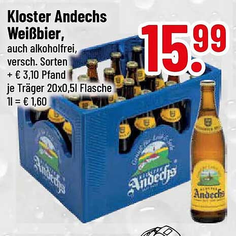 Kloster Andechs Weißbier, auch alkoholfrei, versch. Sorten + € 3,10 Pfand je Träger 20x0,5l Flasche 1l = € 1,60