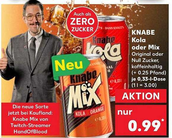 KNABE Kola oder Mix Original oder Null Zucker, koffeinhaltig (+ 0,25 Pfand) je 0,33-l-Dose (1 l = 3.00)