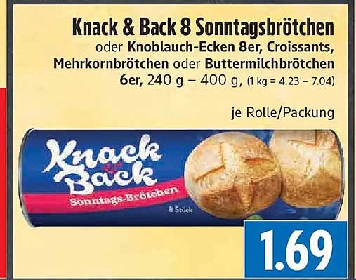 Knack & Back 8 Sonntagsbrötchen oder Knoblauch-Ecken 8er, Croissants, Mehrkornbrötchen oder Buttermilchbrötchen 6er, 240 g – 400 g
