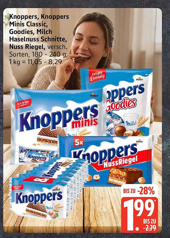 Knoppers, Knoppers Minis Classic, Goodies, Milch Haselnuss Schnitte, Nuss Riegel, versch. Sorten, 180 - 240 g, 1 kg = 11,05 - 8,29