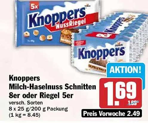 Knoppers Milch-Haselnuss Schnitten 8er oder Riegel 5er versch. Sorten 8 x 25 g/200 g Packung (1 kg = 8.45)