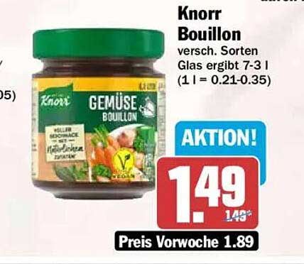 Knorr Bouillon versch. Sorten Glas ergibt 7-3 l (1 l = 0.21-0.35)