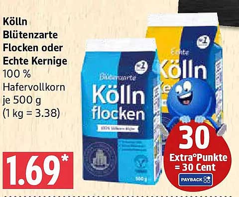 Kölln Blütenzarte Flocken oder Echte Kernige 100 % Hafervollkorn je 500 g (1 kg = 3.38)