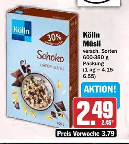 Kölln Müsli versch. Sorten 600-380 g Packung (1 kg = 4.15-6.55)