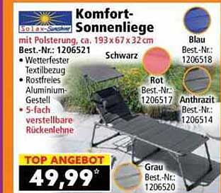 Komfort-Sonnenliege mit Polsterung, ca. 193 x 67 x 32 cm