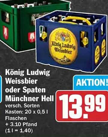 König Ludwig Weissbier oder Spaten Münchner Hell versch. Sorten Kasten: 20 x 0,5 l Flaschen + 3.10 Pfand (1 l = 1.40)