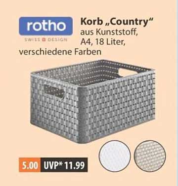 Korb „Country“ aus Kunststoff, A4, 18 Liter, verschiedene Farben
