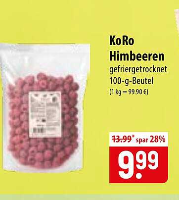 KoRo Himbeeren gefriergetrocknet 100-g-Beutel (1 kg = 99.90 €)