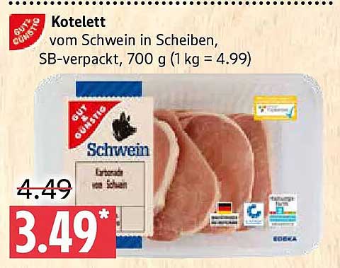 Kotelett vom Schwein in Scheiben, SB-verpackt, 700 g (1 kg = 4.99)