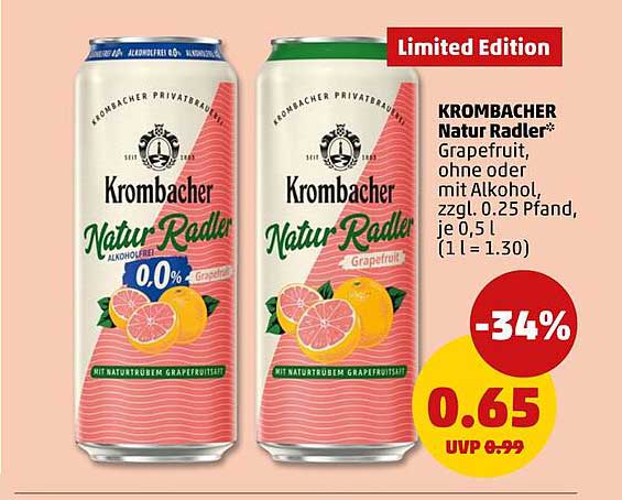 Krombacher Natur Radler Grapefruit, ohne oder mit Alkohol, zzgl. 0.25 Pfand, je 0.5 l (1 l = 1.30)