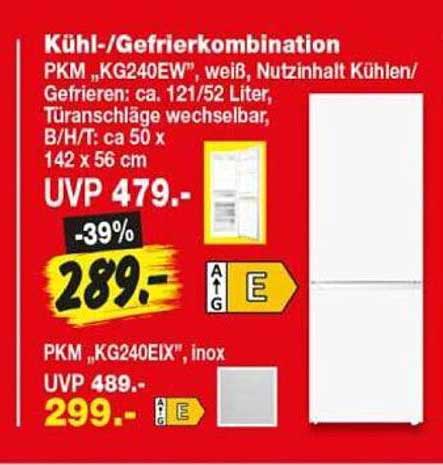 Kühl-/Gefrierkombination PKM „KG240EW“, weiß, Nutzinhalt Kühlen/Gefrieren ca. 121/52 Liter, Türanschläge wechselbar, B/H/T: ca 50 x 142 x 56 cm