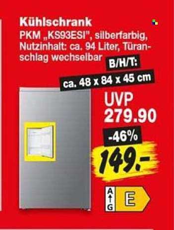 Kühlschrank PKM „KS93ESI“, silberfarbig, Nutzinhalt: ca. 94 Liter, Türanschlag wechselbar