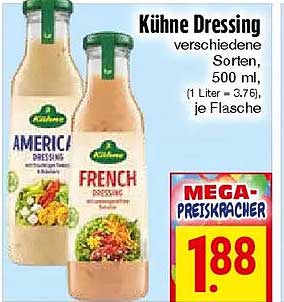 Kühne Dressing verschiedene Sorten 500 ml, (1 Liter = 3,76), je Flasche