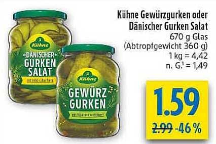Kühne Gewürzgurken oder Dänischer Gurkensalat 670 g Glas (Abtropfgewicht 360 g) 1 kg = 4,42 n. G. = 1,49