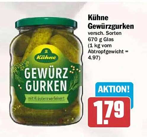 Kühne Gewürzgurken versch. Sorten 670 g Glas (1 kg vom Abtropfgewicht = 4.97)