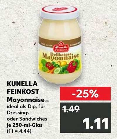 KUNELLA FEINKOST Mayonnaise ideal als Dip, für Dressings oder Sandwiches je 250-ml-Glas (1 l = 4.44)