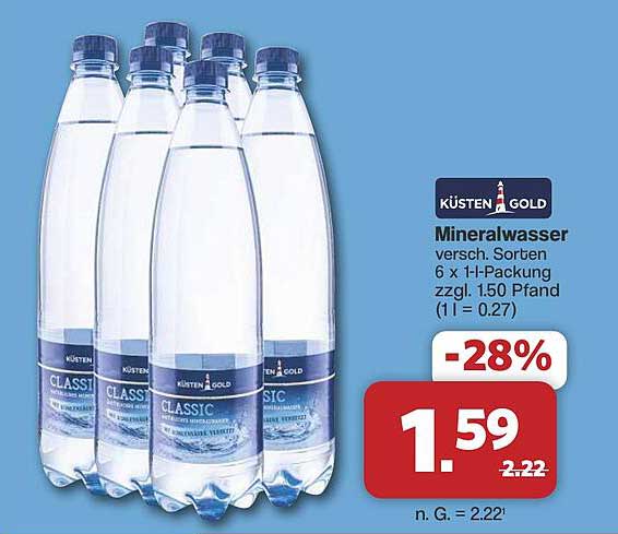 KÜSTEN GOLD Mineralwasser versch. Sorten 6 x 1-l-Packung zzgl. 1.50 Pfand (1 l = 0.27)
