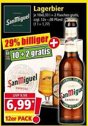 Lagerbier je 10x0,33 l + 2 Flaschen gratis, zzgl. 12x - 0,08 Pfand (1 l = 1,77)