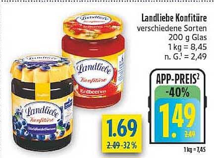 Landliebe Konfitüre verschiedene Sorten 200 g Glas 1 kg = 8,45 n. G.= 2,49