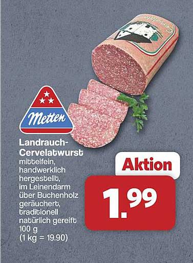 Landrauch-Cervelatwurst mild, fein, handwerklich hergestellt, im Leinendarm über Buchenholz geräuchert, traditionell natürlich gereift 100 g (1 kg = 19.90)