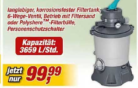 langlebiger, korrosionsfester Filtertank, 6-Wege-Ventil, Betrieb mit Filtersand oder Polysphere™-Filterbälle, Personenschutzschalter
