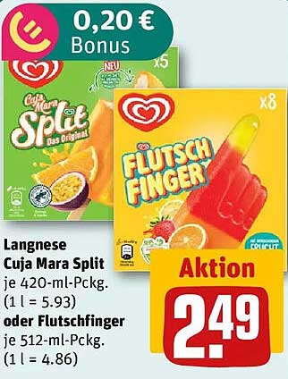 Langnese Cuja Mara Split je 420-ml-Pckg. (1 l = 5.93) oder Flutschfinger je 512-ml-Pckg. (1 l = 4.86)