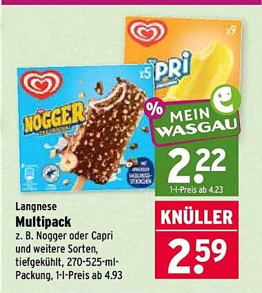 Langnese Multipack z. B. Nogger oder Capri und weitere Sorten, tiefgekühlt, 270-525-ml-Packung, 1l-Preis ab 4.93