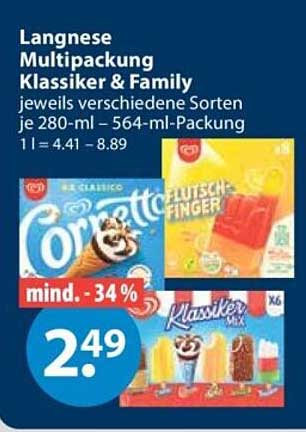 Langnese Multipackung Klassiker & Family jeweils verschiedene Sorten je 280-ml- / 564-ml-Packung 1 l = 4.41 - 8.89