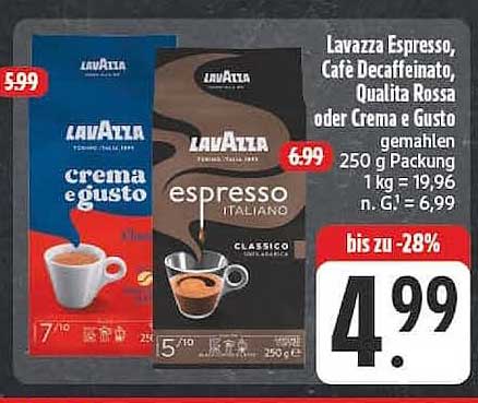 Lavazza Espresso, Café Decaffeinato, Qualita Rossa oder Crema e Gusto gemahlen 250 g Packung