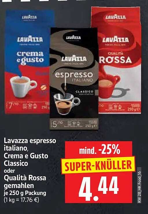 Lavazza espresso italiano, Crema e Gusto Classico oder Qualità Rossa gemahlen je 250 g Packung (1 kg = 17.76 €)