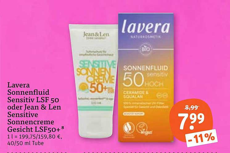 Lavera Sonnenfluid Sensitiv LSF 50 oder Jean & Len Sensitive Sonnencreme Gesicht LSF50+