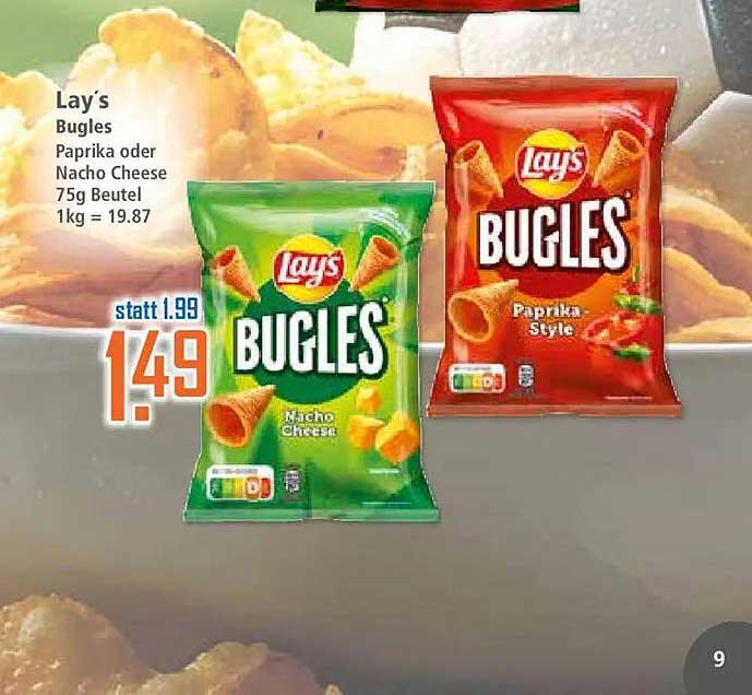 Lay's Bugles Paprika oder Nacho Cheese 75g Beutel 1kg = 19.87