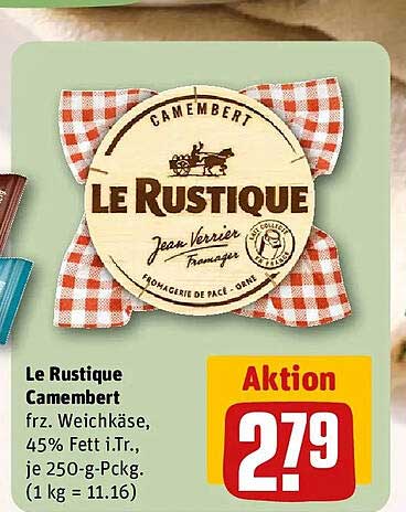Le Rustique Camembert frz. Weichkäse, 45% Fett i.Tr., je 250-g-Pckg. (1 kg = 11.16)