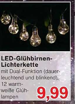 LED-Glühbirnen-Lichterkette mit Dual-Funktion (dauer-leuchtend und blinkend), 12 warm-weiße Glühlampen