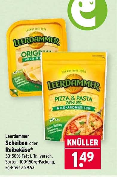 Leerdammer Scheiben oder Reibekäse* 30-50% Fetti. Tr., versch. Sorten, 100-150-g-Packung, kg-Preis ab 9.93