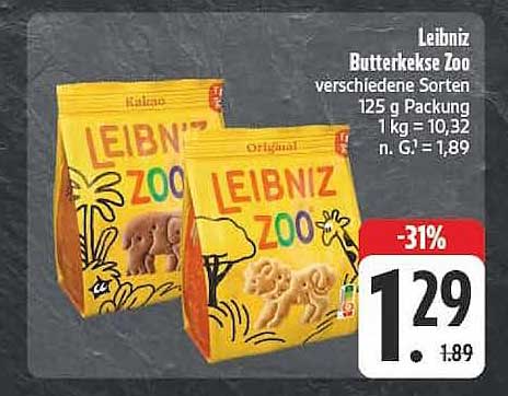 Leibniz Butterkekse Zoo verschiedene Sorten 125 g Packung 1 kg = 10,32 n. G. = 1,89