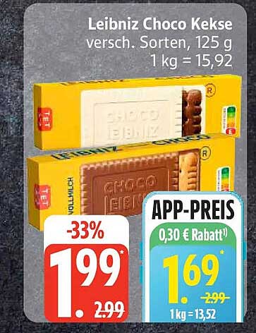 Leibniz Choco Kekse versch. Sorten, 125 g 1 kg = 15,92