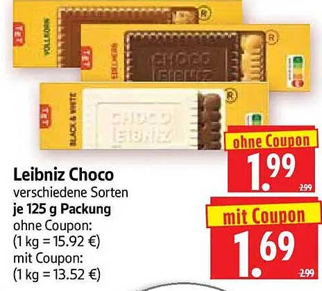 Leibniz Choco verschiedene Sorten je 125 g Packung ohne Coupon: (1 kg = 15.92 €) mit Coupon: (1 kg = 13.52 €)