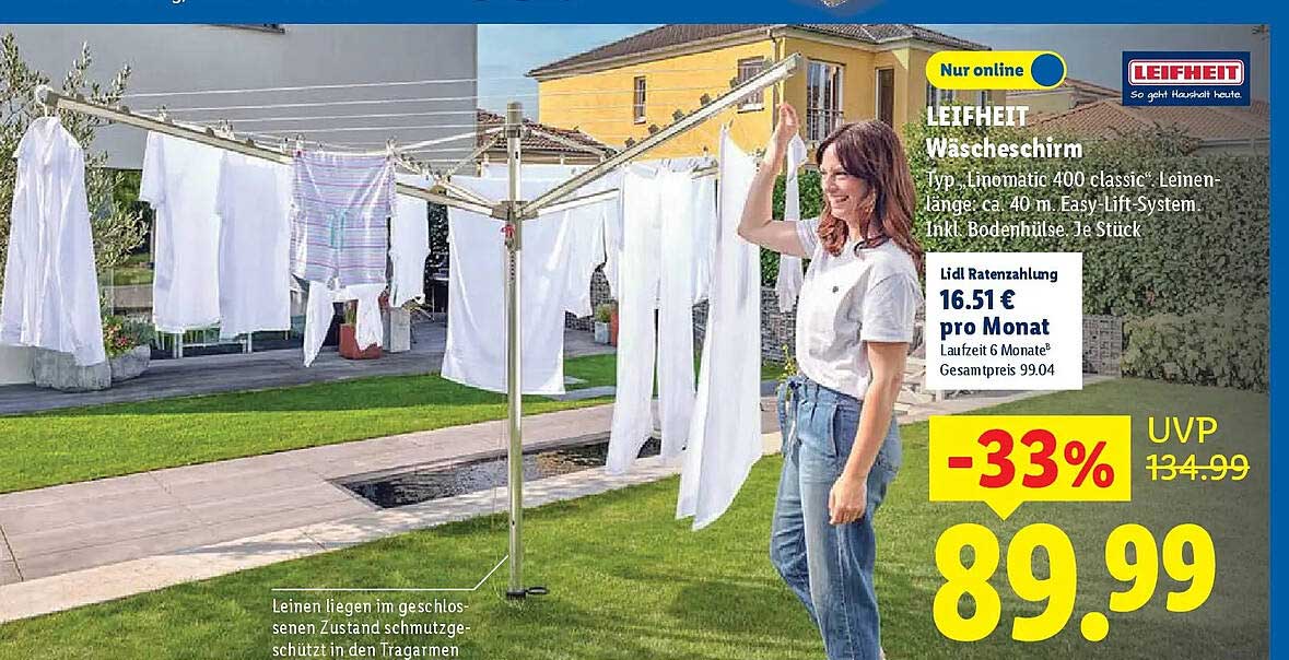 LEIFHEIT Wäscheschirm Typ „LinoLift 400 classic“ Leinenlänge: ca. 40 m Easy-Lift-System inkl. Bodenhülse, je Stück