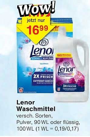 Lenor Waschmittel versch. Sorten, Pulver, 90 WL oder flüssig, 100 WL (1 WL = 0,19/0,17)