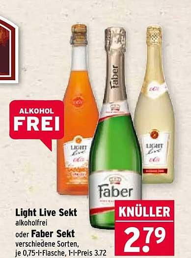 Light Live Sekt alkoholfrei oder Faber Sekt verschiedene Sorten, je 0,75-l-Flasche, 1-l-Preis 3.72