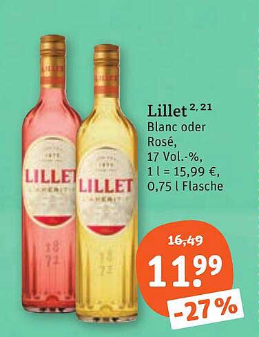 Lillet Blanc oder Rosé, 17 Vol.-%, 1 l = 15,99 €, 0,75 l Flasche