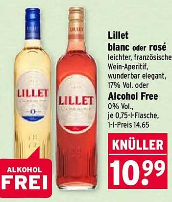 Lillet blanc oder rosé leichter, französischer Wein-Aperitif, wunderbar elegant, 17% Vol. oder Alcohol Free 0% Vol., je 0,75-l-Flasche, 1-l-Preis 14.65