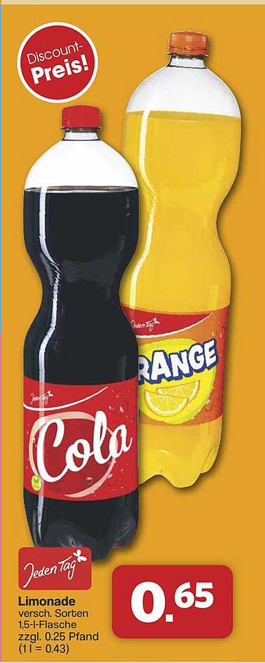 Limonade versch. Sorten 1,5-l-Flasche zzgl. 0,25 Pfand (1 l = 0,43)