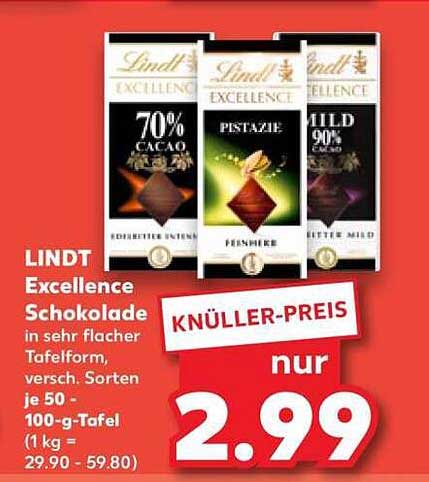 LINDT Excellence Schokolade in sehr flacher Tafelform, versch. Sorten je 50 - 100-g-Tafel