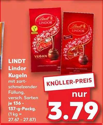 LINDT Lindor Kugeln mit zart schmelzender Füllung, versch. Sorten je 136 - 137-g-Packg. (1 kg = 27.67 - 27.87)