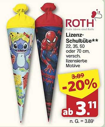 Lizenz-Schultüte** 22, 35, 50 oder 70 cm, versch. lizenzierte Motive