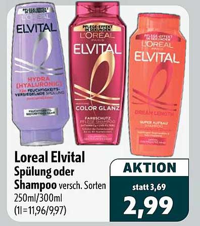Loreal Elvital Spülung oder Shampoo versch. Sorten 250ml/300ml (1l=11,96/9,97)