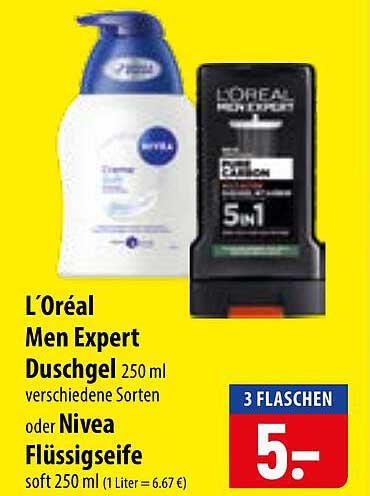 L’Oréal Men Expert Duschgel 250 ml verschiedene Sorten oder Nivea Flüssigseife soft 250 ml (1 Liter = 6,67 €)